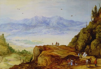 Weitläufige Berglandschaft mit einem See von J. and Momper, J. de Brueghel